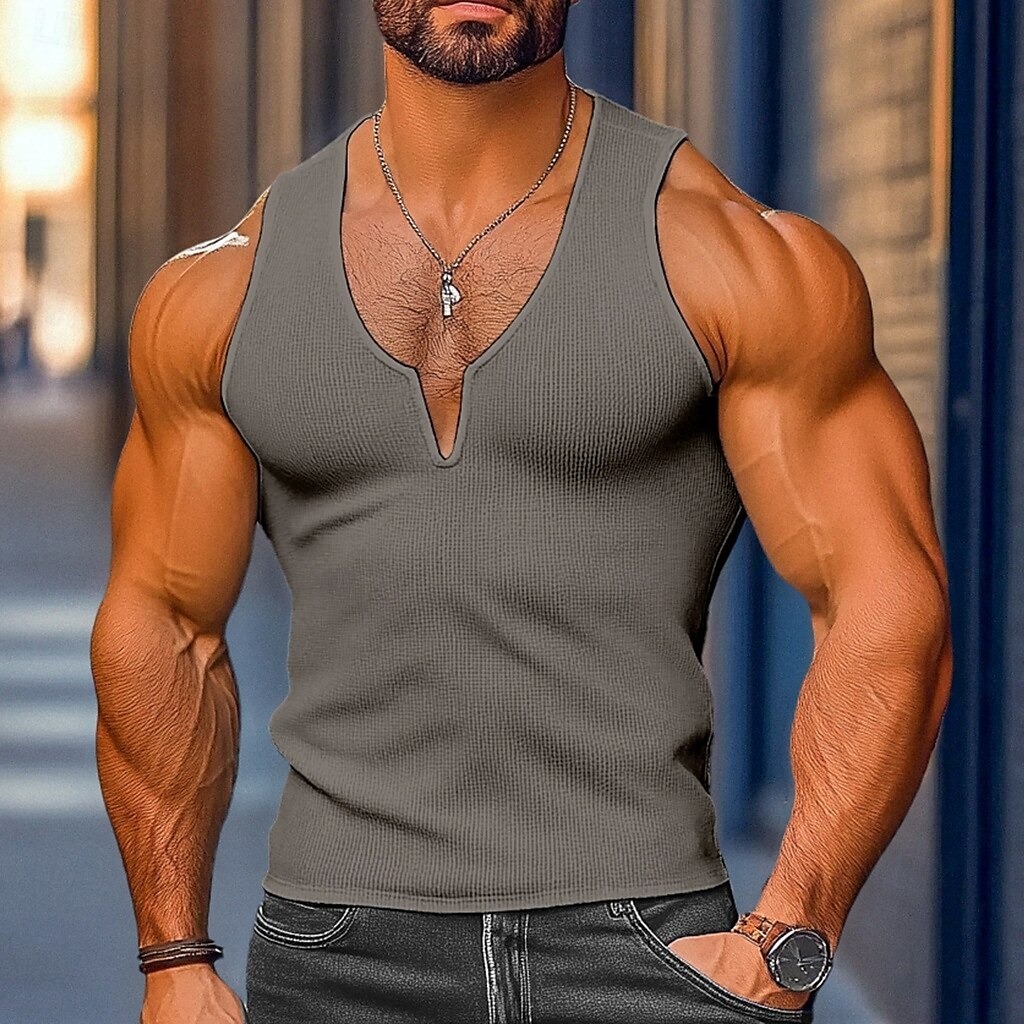 Men's Waffle Tank Top Tank Top Vest Undershirt Sleeveless Shirt Plain V Neck Street Casual Sleeveless Clothing Apparel Fashion Classic Comfortable Big and Tall