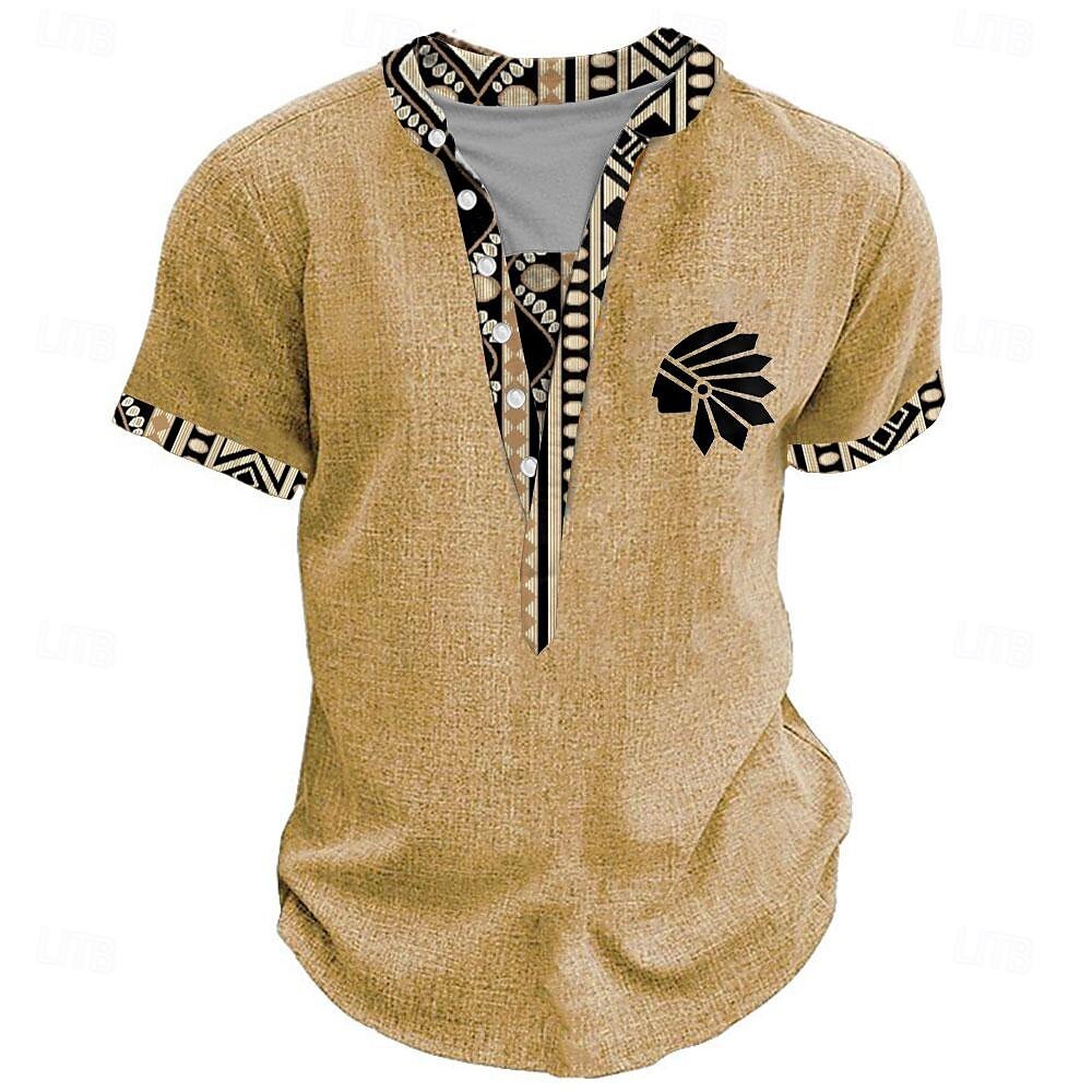 Tribal Bandana Print Designer Ethnic Men's 3D Print T shirt Tee Henley Shirt Casual Daily T shirt Yellow Brown Green Short Sleeve Standing Collar Shirt Summer Spring Clothing Apparel S M L XL XXL 3XL