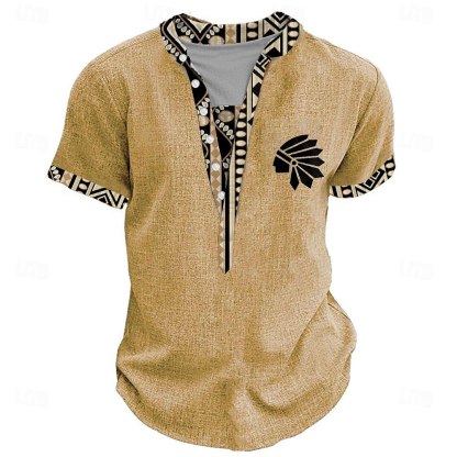 Tribal Bandana Print Designer Ethnic Men's 3D Print T shirt Tee Henley Shirt Casual Daily T shirt Yellow Brown Green Short Sleeve Standing Collar Shirt Summer Spring Clothing Apparel S M L XL XXL 3XL