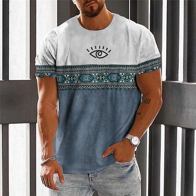 Men's Graphic Color Block Tribal T shirt Short Sleeve T shirt 3D Print Crew Neck Shirt Fashion Designer Ethnic Outdoor Daily Sports Blue Brown Green Spring & Summer Clothing Apparel S M L XL 2XL 3XL