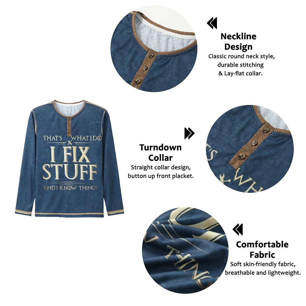 Men's Graphic Letter I Fix Stuff Henley Shirt Tee Long Sleeve 3D Print Fashion Designer Comfort Casual Daily Wear Going out Spring & Fall 1 2 3 Black Navy Blue Henley Henley T-Shirt