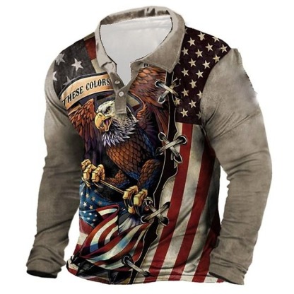 Men's Eagle American Flag Polo Shirts Golf Shirt Long Sleeve Polo Shirts Collared Shirts Casual Streetwear Vacation Wear Party Outfits Buttons 3D Print