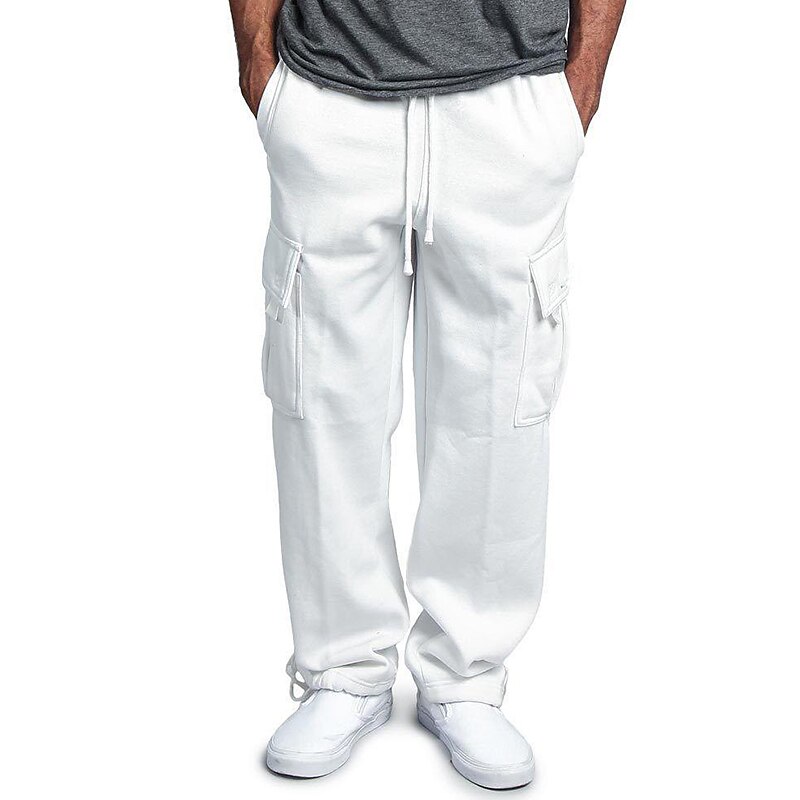 Men's Cargo Sweatpants Fleece Pants Sweatpants Joggers Trousers Drawstring Elastic Waist Multi Pocket Solid Color Windproof Outdoor Full Length Casual Daily Fashion Streetwear Loose Fit Black White