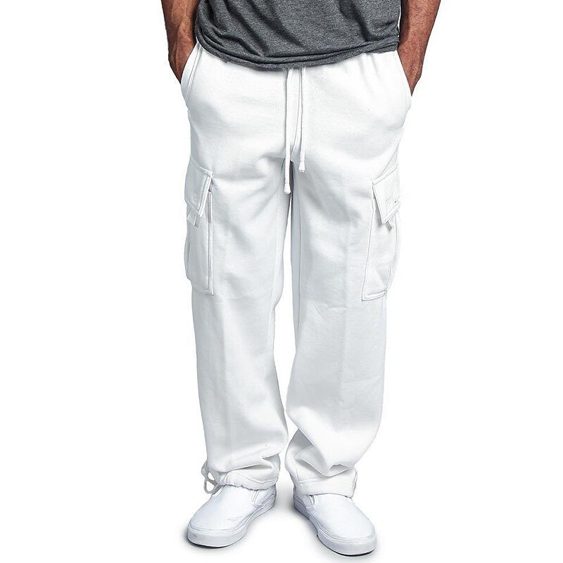 Men's Cargo Sweatpants Fleece Pants Sweatpants Joggers Trousers Drawstring Elastic Waist Multi Pocket Solid Color Windproof Outdoor Full Length Casual Daily Fashion Streetwear Loose Fit Black White
