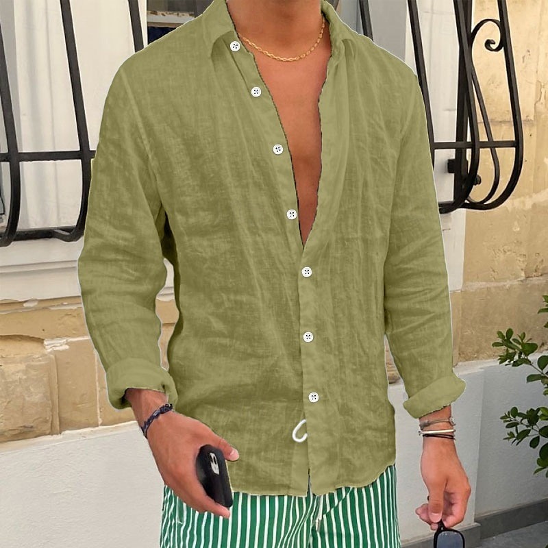 Men's Shirt Linen Shirt Summer Shirt Beach Shirt Plain Casual Daily Black White Pink Royal Blue Long Sleeve Lapel Spring & Summer Clothing Apparel