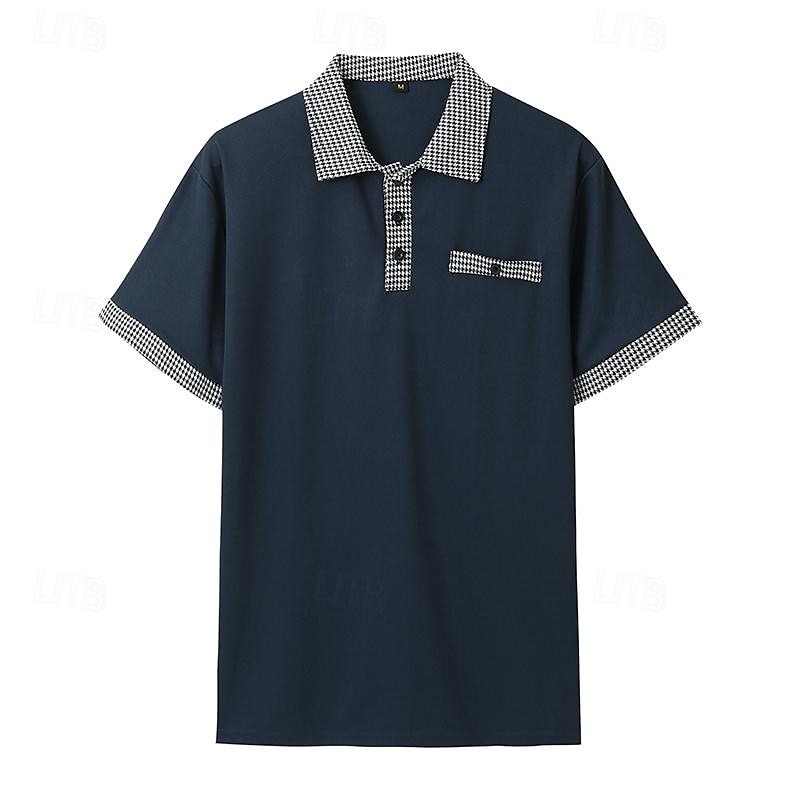 Men's Golf Shirt Golf Polo Work Casual Lapel Short Sleeve Basic Modern Color Block Houndstooth Patchwork Spring & Summer Regular Fit Black White Red Navy Blue Blue Beige Golf Shirt