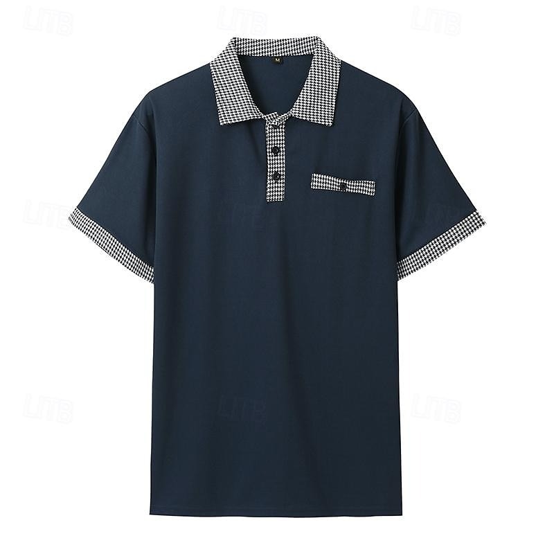 Men's Golf Shirt Golf Polo Work Casual Lapel Short Sleeve Basic Modern Color Block Houndstooth Patchwork Spring & Summer Regular Fit Black White Red Navy Blue Blue Beige Golf Shirt