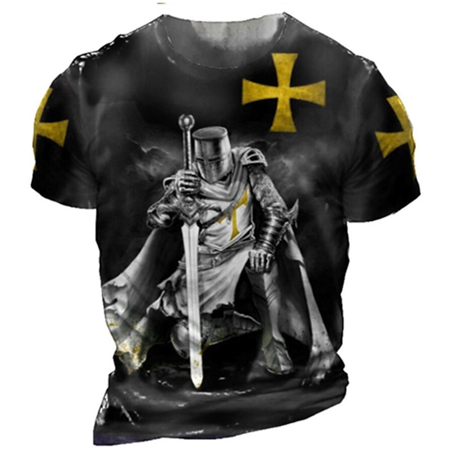 Men's Unisex Templar Cross Graphic Prints Soldier T shirt Distressed T Shirt Short Sleeve T shirt 3D Print Crew Neck Shirt Sports Designer Casual Outdoor Street Daily Light Yellow Black Yellow Summer