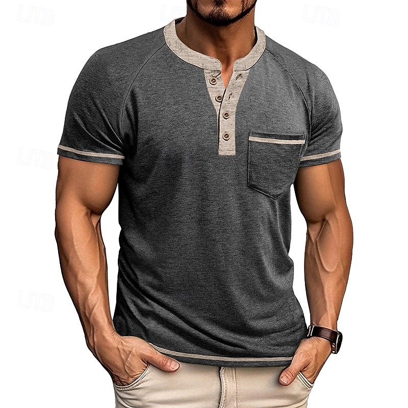 Men's T Shirt Henley Shirt Short Sleeve Shirt Tee Top Short Sleeve Henley Summer Color Block Solid / Plain Color Fashion Designer Fashion Vacation Street Going out Navy Black White Top Tee for Men