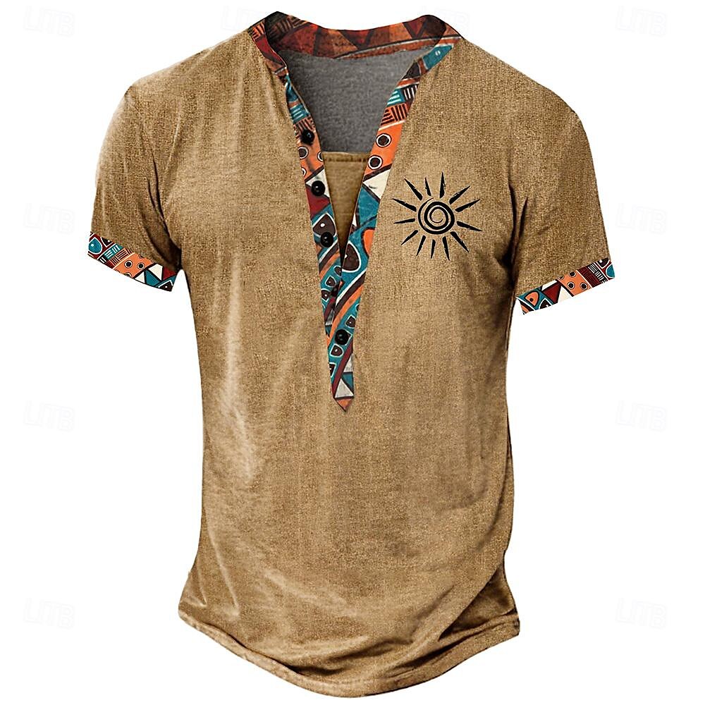 Tribal Bandana Print Designer Ethnic Men's 3D Print T shirt Tee Henley Shirt Casual Daily T shirt Yellow Brown Green Short Sleeve Standing Collar Shirt Summer Spring Clothing Apparel S M L XL XXL 3XL