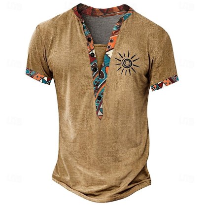 Tribal Bandana Print Designer Ethnic Men's 3D Print T shirt Tee Henley Shirt Casual Daily T shirt Yellow Brown Green Short Sleeve Standing Collar Shirt Summer Spring Clothing Apparel S M L XL XXL 3XL