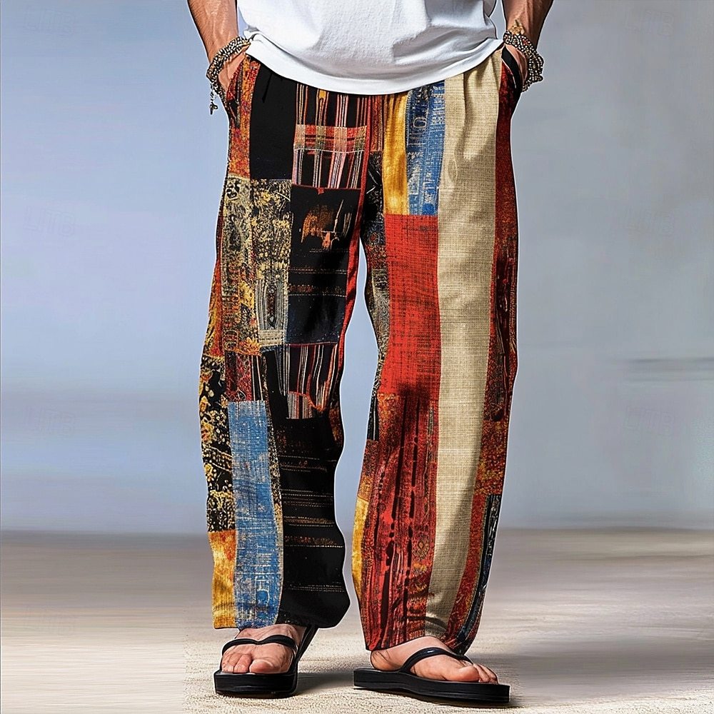 Men's Color Block Patchwork Pants Trousers Mid Waist Drawstring Elasti