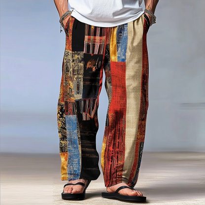 Men's Color Block Patchwork Pants Trousers Mid Waist Drawstring Elastic Waist Hawaiian Casual Outdoor Party Evening Wear Holiday Straight Leg Trousers Summer Spring Fall 3D Print Red Blue Green