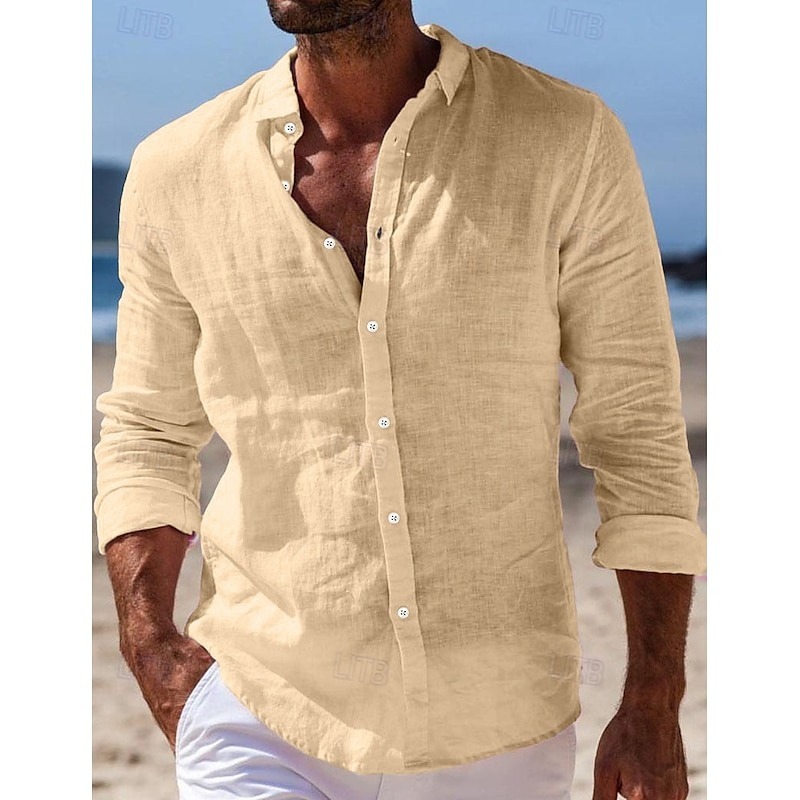 Men's Shirt Linen Shirt Summer Shirt Beach Wear Button Up Shirt Plain Casual Daily Black White Pink Navy Blue Long Sleeve Turndown Spring & Summer Clothing Apparel