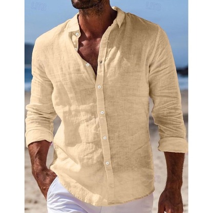 Men's Shirt Linen Shirt Summer Shirt Beach Wear Button Up Shirt Plain Casual Daily Black White Pink Navy Blue Long Sleeve Turndown Spring & Summer Clothing Apparel