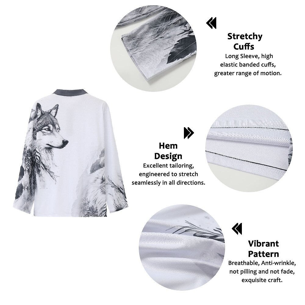 Men's Wolf Polo Shirts Golf Shirt Long Sleeve Polo Shirts Collared Shirts Casual Funny Streetwear Vacation Wear Party Outfits Buttons 3D Print Blue-Green Red Blue