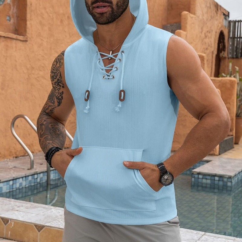 Men's Tank Top Sleeveless Hoodie Sleeveless Shirt Sleeveless Hooded Summer Pit Strip Fashion Designer Muscle Lace up Pocket Outdoor Gym Black White Khaki Top Tee for Men