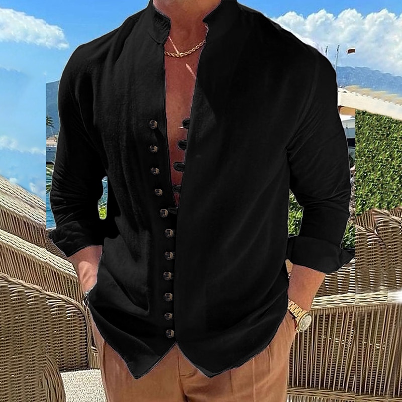 Men's Shirt Linen Shirt Summer Shirt Elegant Button Up Shirt Casual Shirt Black White Pink Blue Long Sleeve Plain Band Collar Summer Spring & Fall Daily Vacation Clothing Apparel