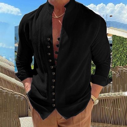 Men's Shirt Linen Shirt Summer Shirt Elegant Button Up Shirt Casual Shirt Black White Pink Blue Long Sleeve Plain Band Collar Summer Spring & Fall Daily Vacation Clothing Apparel