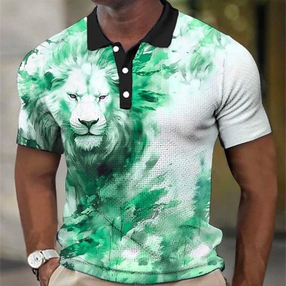 Men's Lion Waffle Polo Shirts Golf Shirt Short Sleeve Polo Shirts Collared Shirts Casual Funny Streetwear Vacation Wear Party Outfits Buttons 3D Print Yellow Red Blue