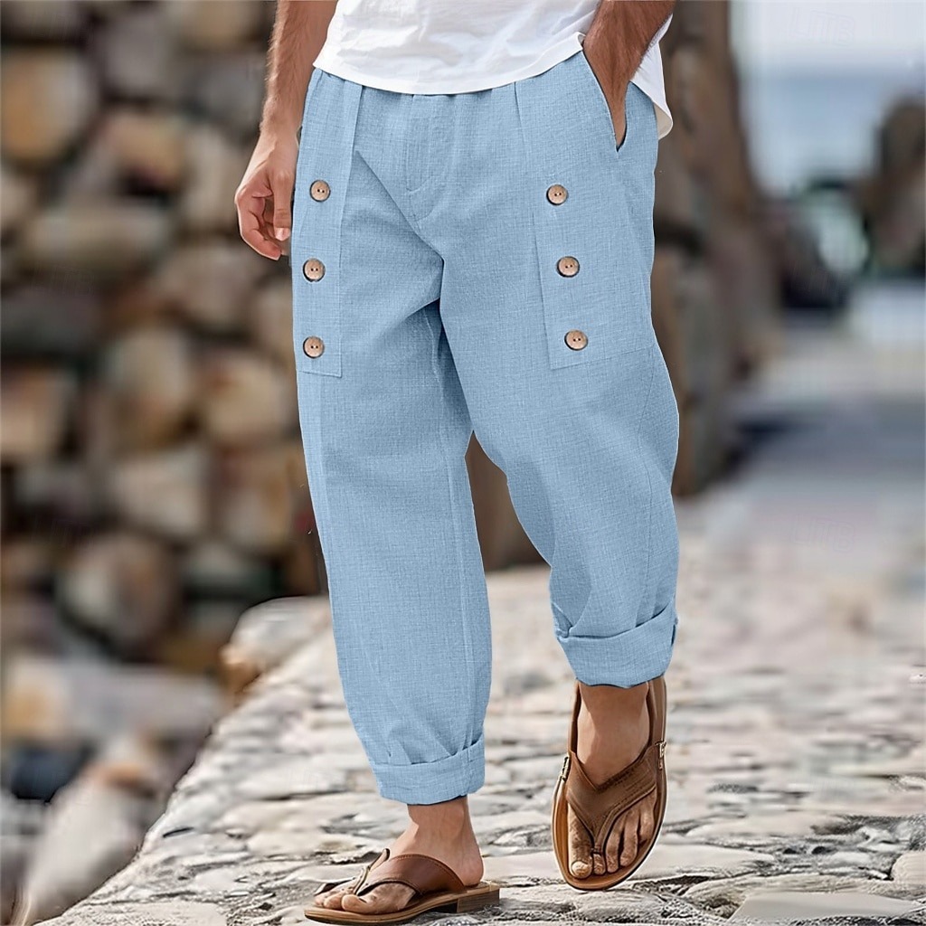 Men's Linen Pants Trousers Summer Pants Buttons Front Pocket Pleats Plain Comfort Breathable Full Length Casual Daily Holiday Fashion Basic Loose Fit Black White