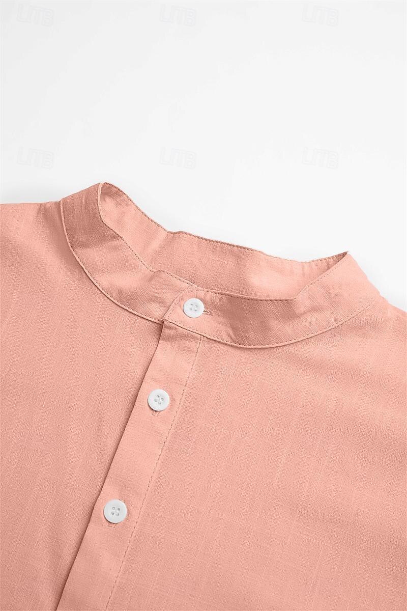 Men's Shirt Linen Shirt Band Collar Shirt Popover Shirt Summer Shirt Beach Wear Plain Casual Daily Black White Pink Green Short Sleeve Henley Summer Clothing Apparel