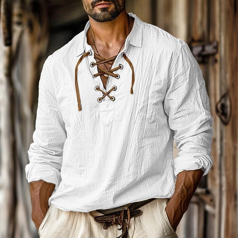 Men's Shirt Linen Shirt Viking Style Pirate Shirt Summer Shirt Beach Wear White Orange Green Light Blue Long Sleeve Solid Color Collarless Street Daily Clothing Apparel