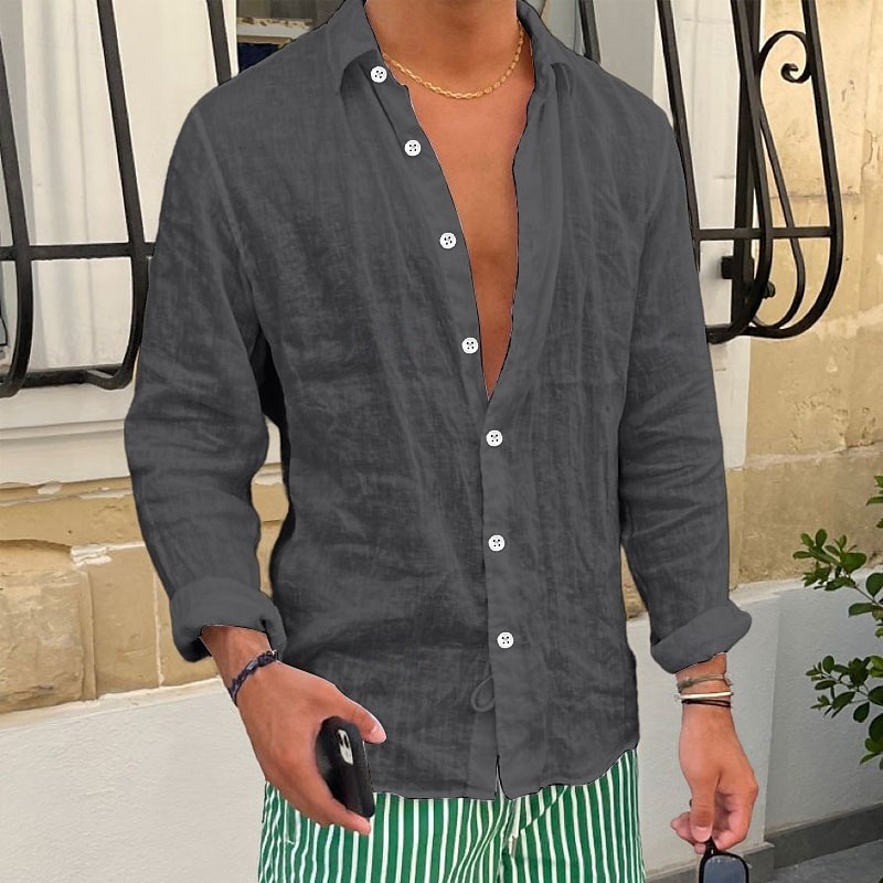 Men's Shirt Linen Shirt Summer Shirt Beach Shirt Plain Casual Daily Black White Pink Royal Blue Long Sleeve Lapel Spring & Summer Clothing Apparel