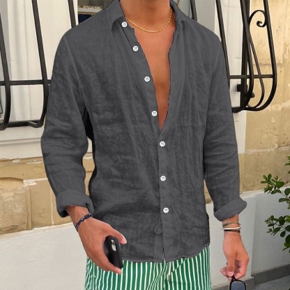 Men's Shirt Linen Shirt Summer Shirt Beach Shirt Plain Casual Daily Black White Pink Royal Blue Long Sleeve Lapel Spring & Summer Clothing Apparel