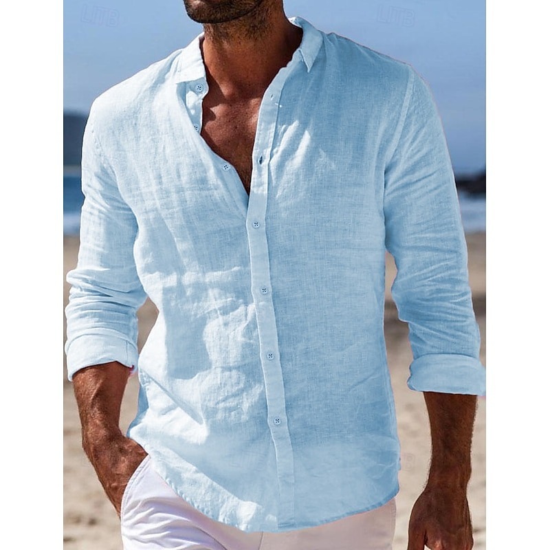 Men's Shirt Linen Shirt Summer Shirt Beach Wear Button Up Shirt Plain Casual Daily Black White Pink Navy Blue Long Sleeve Turndown Spring & Summer Clothing Apparel