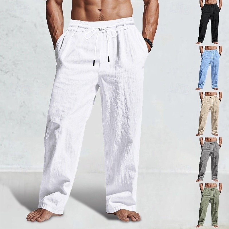 Men's Linen Pants Trousers Summer Pants Beach Pants Drawstring Elastic Waist Straight Leg Plain Comfort Breathable Full Length Casual Daily Holiday Fashion Classic Style Black White