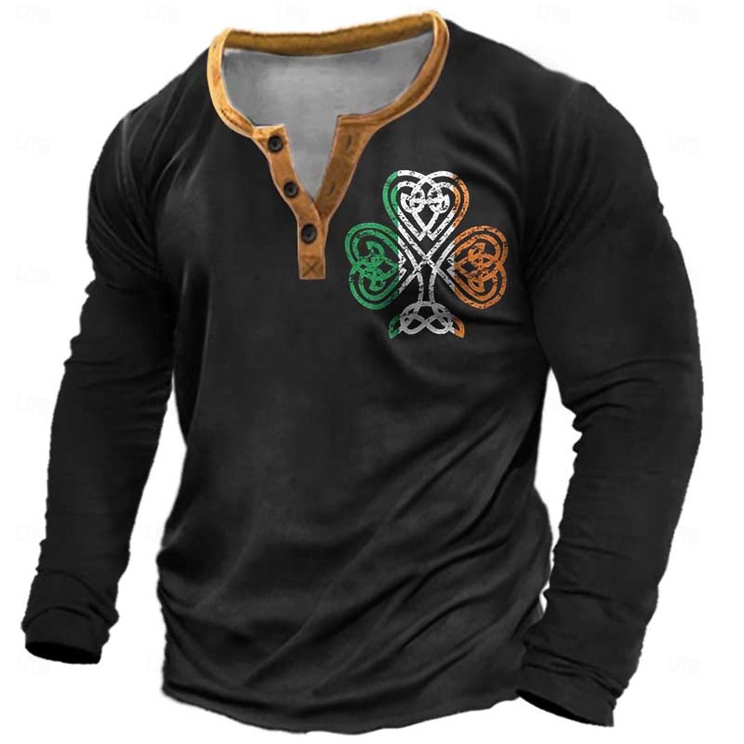 Men's St. Patrick Graphic Clover Henley Shirt Long Sleeve Fashion Cute Daily Casual Holiday Going out Spring & Fall Black Green Henley Henley T-Shirt