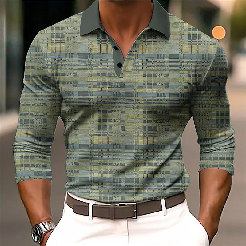Plaid Geometry Casual Men's 3D Print Golf Polo Outdoor Casual Daily Streetwear Long Sleeve Turndown Polo Shirts Green Gray Fall & Winter S M L Micro-elastic Lapel Polo