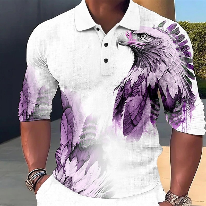 Men's Eagle Polo Shirts Golf Shirt Long Sleeve Polo Shirts Collared Shirts Casual Funny Streetwear Vacation Wear Party Outfits Buttons 3D Print Yellow Blue Purple