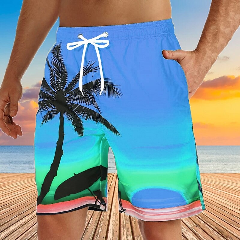 Men's Graphic Coconut Tree Swimming Trunks Board Shorts Swim Shorts Mid Waist Streetwear Hawaiian Boho Casual Daily Holiday Drawstring Elastic Waist 3D Print Designer Clothing Apparel