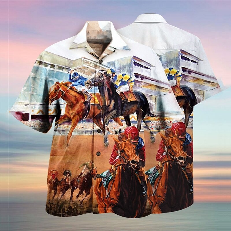 Kentucky Derby Men's Horse American Flag Horse Racing Shirt Summer Hawaiian Shirt Button Up Shirt Short Sleeve Sports Fashion Streetwear Outdoor Casual Hawaiian Summer Spring Cuban Collar Print