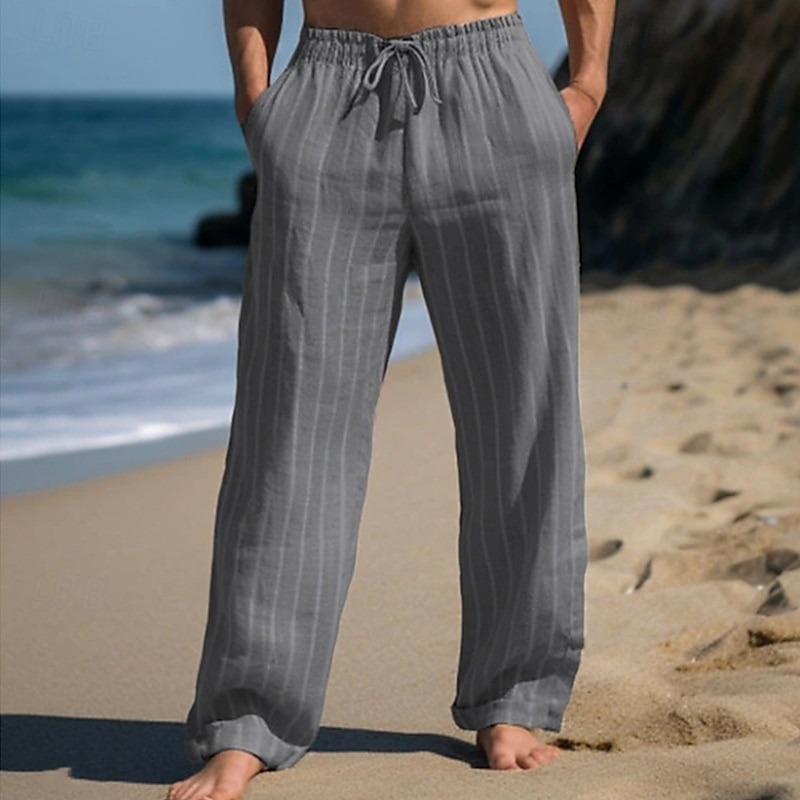 Men's Linen Pants Trousers Summer Pants Beach Pants Drawstring Elastic Waist Straight Leg Stripe Comfort Breathable Full Length Casual Daily Holiday Vacation Fashion Black White