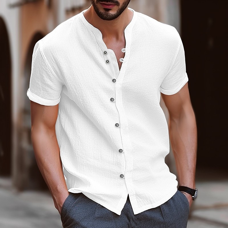 Men's Shirt Linen Shirt Band Collar Shirt Summer Shirt Beach Wear Button Up Shirt Plain Casual Daily Black White Blue Khaki Short Sleeve Band Collar Summer Clothing Apparel