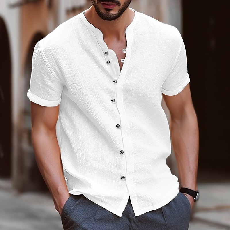 Men's Shirt Linen Shirt Band Collar Shirt Summer Shirt Beach Wear Button Up Shirt Plain Casual Daily Black White Blue Khaki Short Sleeve Band Collar Summer Clothing Apparel