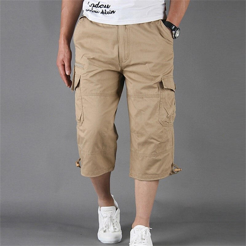Men's Cargo Pants Cargo Trousers Work Pants Crop Multi Pocket Plain Camouflage Comfort Breathable Calf-Length Casual Daily Streetwear Cotton Blend Sports Fashion turmeric Black Micro-elastic
