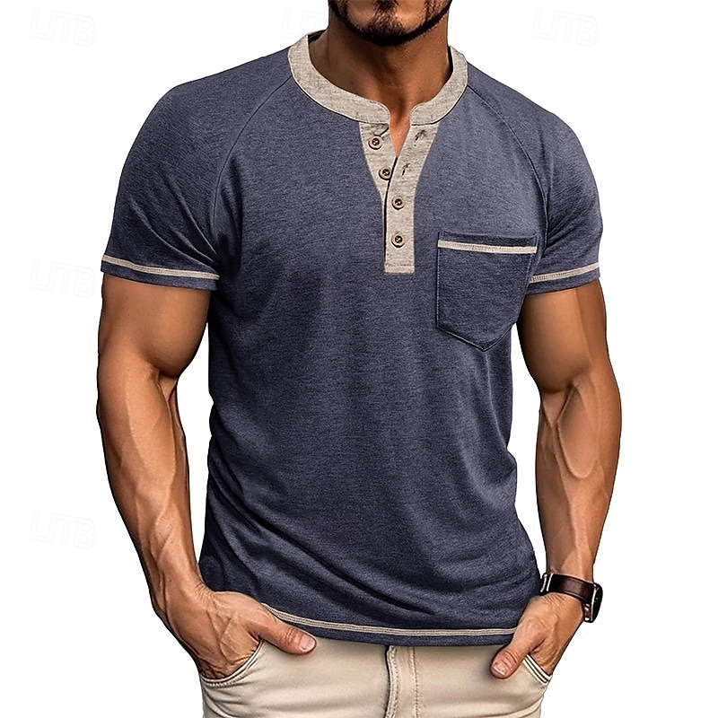 Men's T Shirt Henley Shirt Short Sleeve Shirt Tee Top Short Sleeve Henley Summer Color Block Solid / Plain Color Fashion Designer Fashion Vacation Street Going out Navy Black White Top Tee for Men