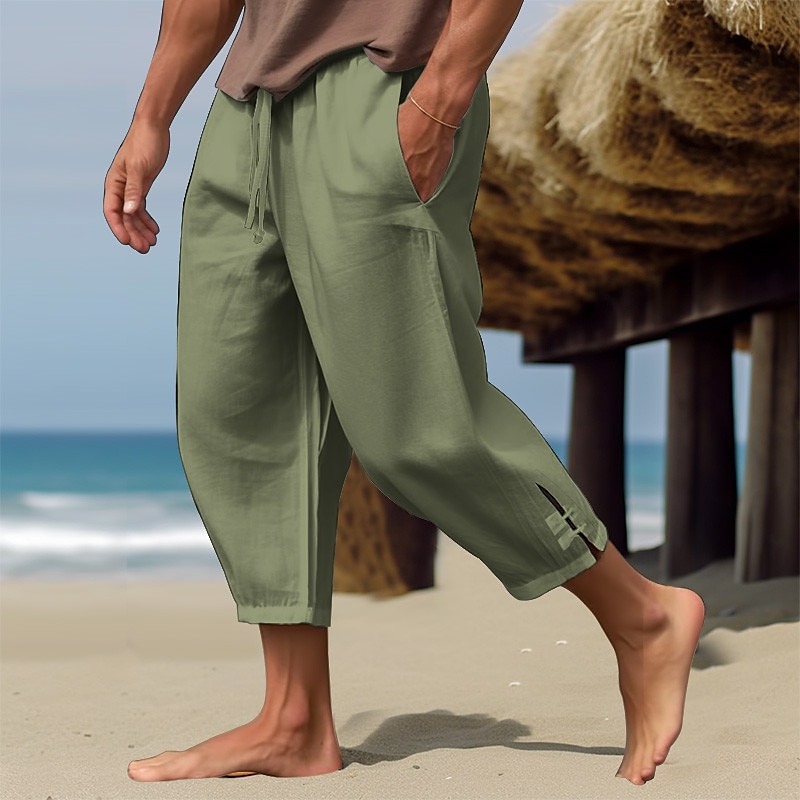 Men's Linen Pants Summer Pants Cropped Pants Beach Pants Drawstring Elastic Waist Plain Comfort Breathable Calf-Length Casual Daily Holiday Fashion Classic Style Black White