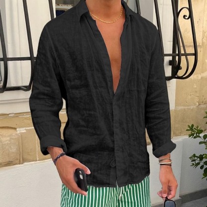 Men's Shirt Linen Shirt Summer Shirt Beach Shirt Plain Casual Daily Black White Pink Royal Blue Long Sleeve Lapel Spring & Summer Clothing Apparel
