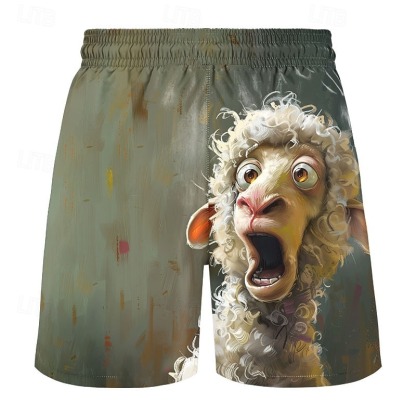 Men's Sheep Funny Ugly Animals Swimming Trunks Board Shorts Shorts Mid Waist Streetwear Hawaiian Casual Daily Holiday Pocket Drawstring Elastic Waist Designer Clothing Apparel