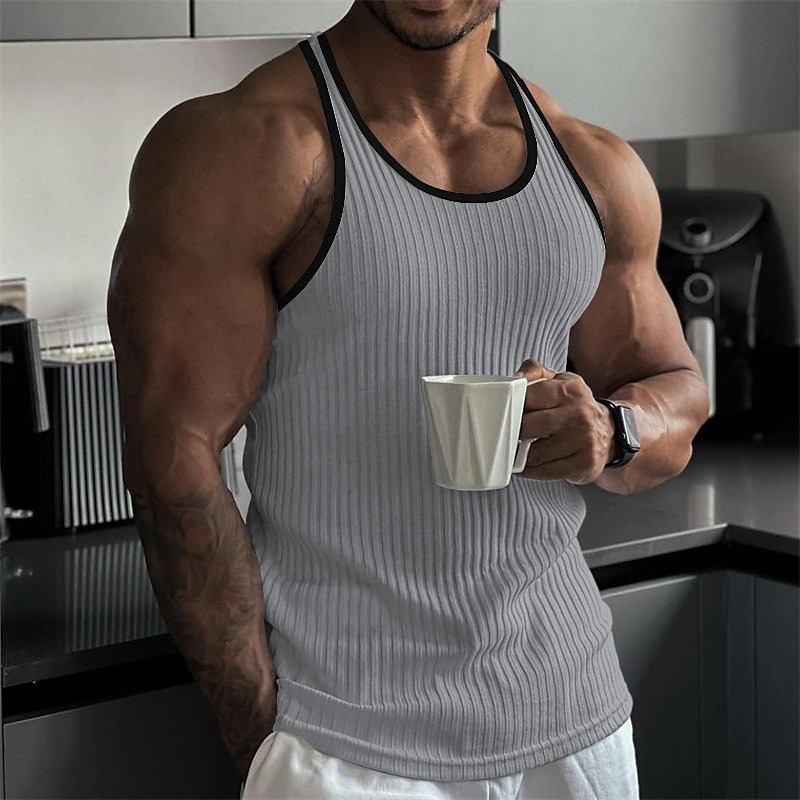 Men's Tank Top Rib Knit Top Wife beater Shirt Color Block Pit Strip Crew Neck Outdoor Going out Sleeveless Clothing Apparel Fashion Designer Muscle