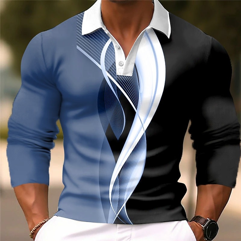 Men's Geometric Polo Shirts Golf Shirt Long Sleeve Polo Shirts Collared Shirts Business Casual WorkWear Formal Wear Festival Wear Buttons 3D Print White Blue Brown