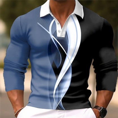 Men's Geometric Polo Shirts Golf Shirt Long Sleeve Polo Shirts Collared Shirts Business Casual WorkWear Formal Wear Festival Wear Buttons 3D Print White Blue Brown