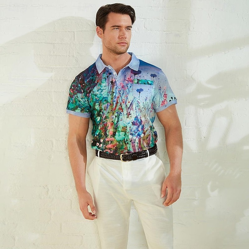 Men's Graphic Prints Waffle Polo Shirts Polo Shirts Lapel Polo Button Up Polos Golf Shirt Short Sleeve Shirt Turndown Outdoor Street Blue-Green Blue Purple Orange Green Print Clothing Apparel Fashion