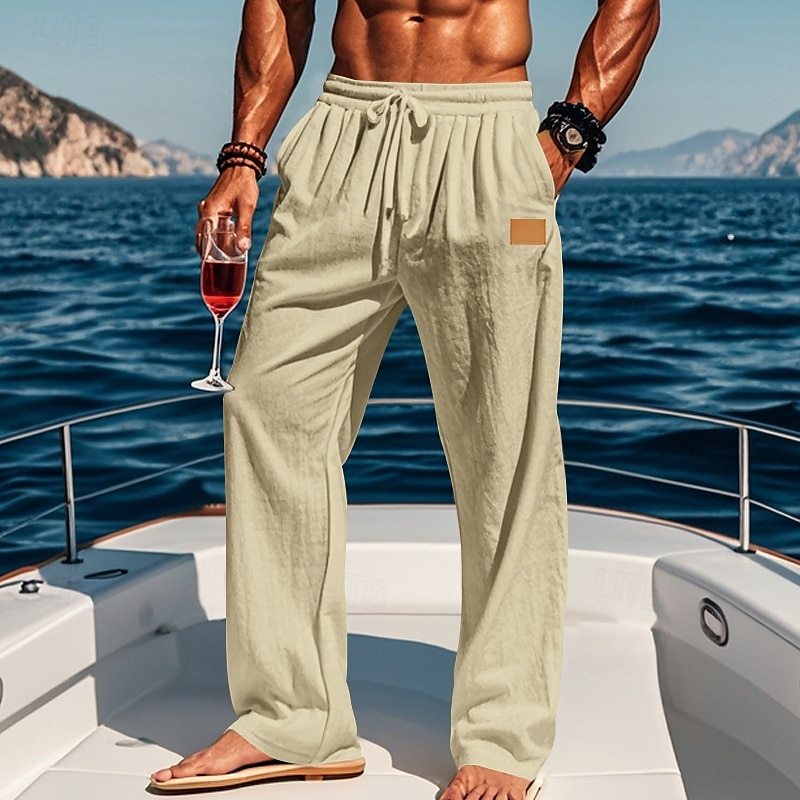 Men's Linen Pants Trousers Summer Pants Beach Pants Drawstring Elastic Waist Straight Leg Plain Comfort Breathable Full Length Outdoor Holiday Beach Vacation Fashion Black White