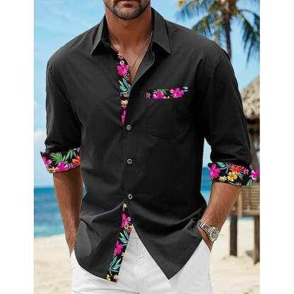 Men's Shirt Linen Shirt Summer Shirt Beach Wear Button Up Shirt Floral Vacation Curise Black White Pink Blue Long Sleeve Lapel Spring & Fall Clothing Apparel Splice